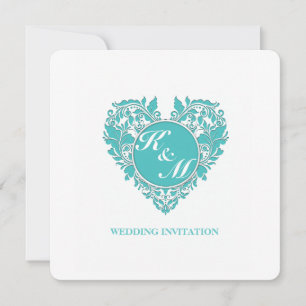 Invitación Corazón de Damasco Blanco y azul turquesa de Heart