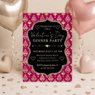 Invitación Corazón de Damasco Rosa y Dorado Fiesta de Cena de