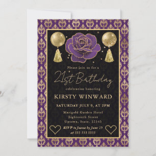 Invitación Corazón de Damasco y Rosa Púrpura y Dorado Cumplea