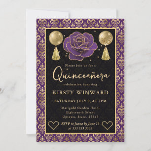 Invitación Corazón de Damasco y Rosa Púrpura y Dorado Quincea