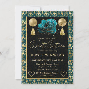 Invitación Corazón de Damasco y Rosa Turquesa y Dorado Cumple