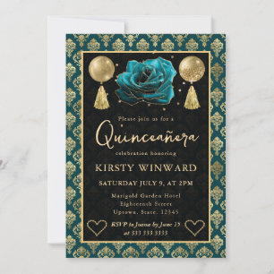 Invitación Corazón de Damasco y Rosa Turquesa y Dorado Quince