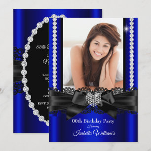 Invitación Corazón de Diamante con Encaje Azul Real Foto Cump
