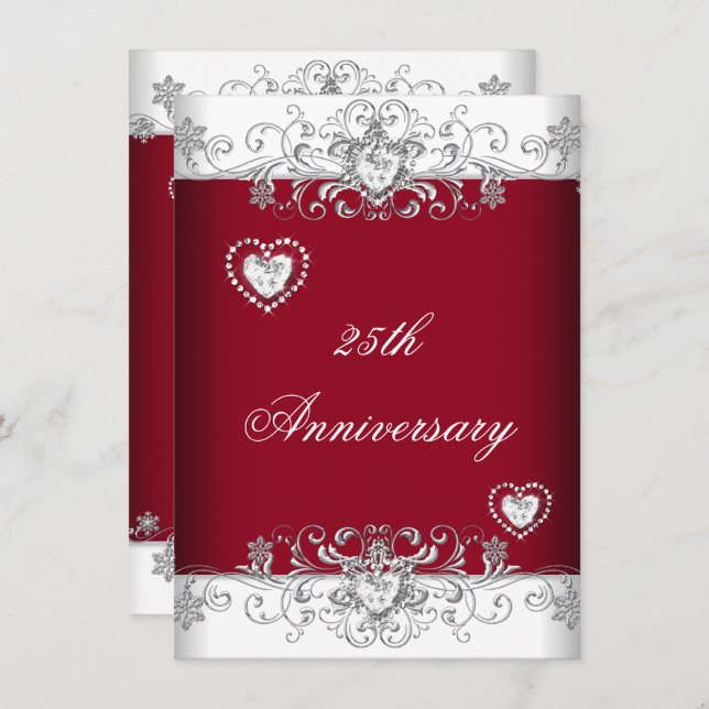Invitación Corazón de Diamante del 25 Aniversario de Bodas Bo (Anverso / Reverso)