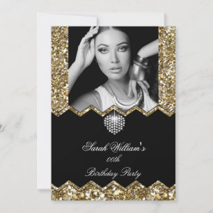 Invitación Corazón de Diamante Glitter Dorado Foto Cumpleaños