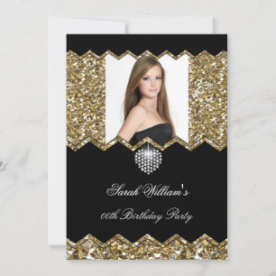 Invitación Corazón de Diamante Glitter Dorado Foto Cumpleaños
