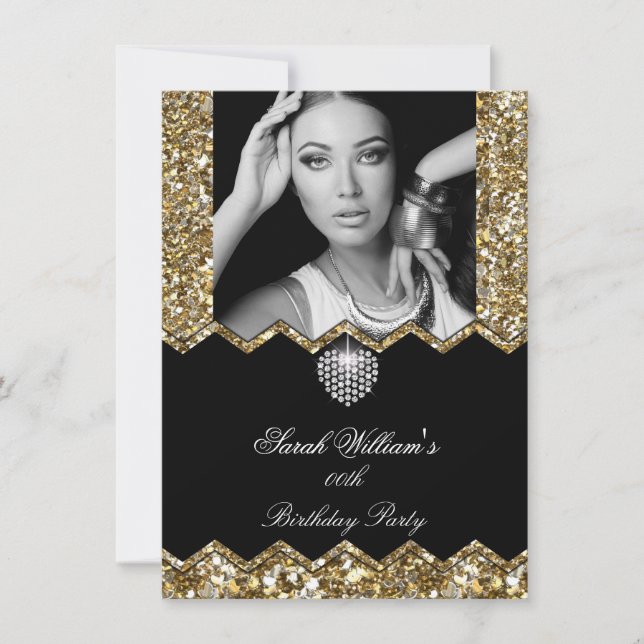 Invitación Corazón de Diamante Glitter Gold Foto Cumpleaños C (Anverso)