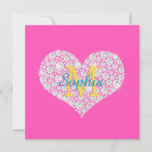 Invitación Corazón de diamante grande, monograma dorado, nomb