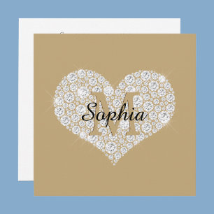 Invitación Corazón de diamante grande, monograma dorado, nomb