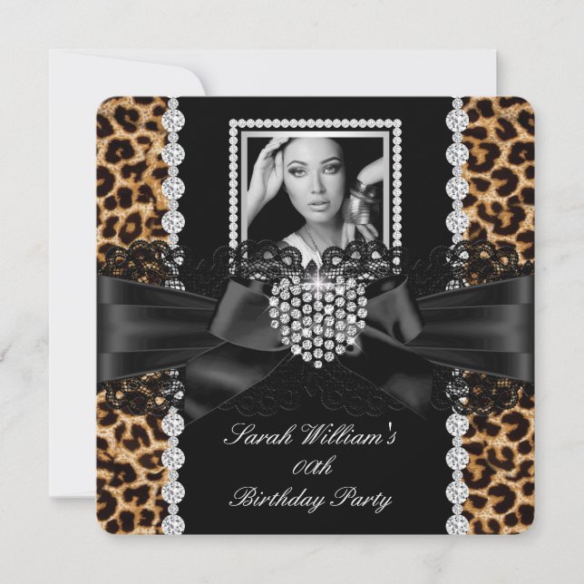 Invitación Corazón de Diamante Lazo de Leopardo Foto Cumpleañ (Anverso)