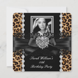 Invitación Corazón de Diamante Lazo de Leopardo Foto Cumpleañ