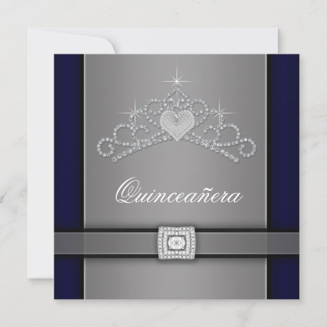 Invitación Corazón de diamante negro plateado Tiara Quinceane (Anverso)