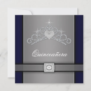 Invitación Corazón de diamante negro plateado Tiara Quinceane