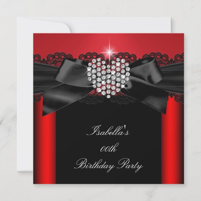 Invitación Corazón de Diamante Rojo y Negro Fiesta de Cumplea (Anverso)
