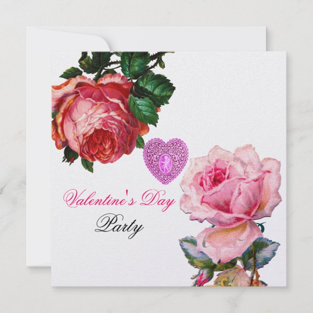INVITACIÓN CORAZÓN DE ENCAJE CUPIDO, ROSAS ROSADAS VALENTINE  (Anverso)