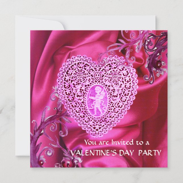 INVITACIÓN CORAZÓN DE ENCAJE CUPIDO SOBRE TELAR SILK FUCHSIA  (Anverso)