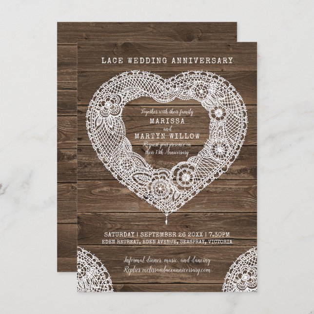 Invitación Corazón de encaje rústico 13° aniversario boda (Anverso / Reverso)