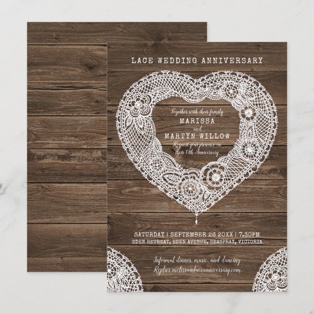 Invitación Corazón de encaje rústico aniversario de bodas 13 (Anverso / Reverso)