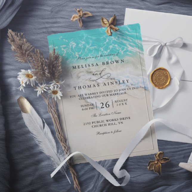 Invitación Corazón de Espuma de Mar Playa Boda Elegante Moder (Subido por el creador)
