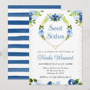 Invitación Corazón de flores azules y navy Sweet 16