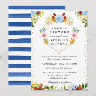 Invitación Corazón de Flores Rojas, Azules y Amarillas Corona