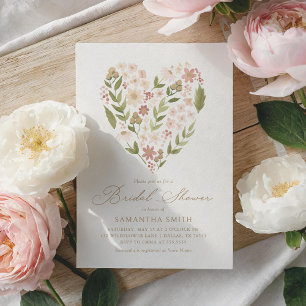 Invitación Corazón de flores rosadas Ducha de novia