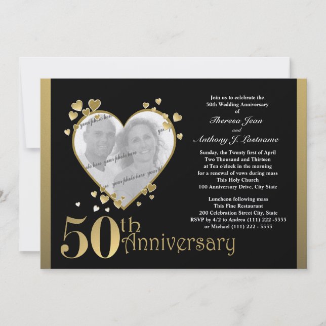 Invitación Corazón de foto del 50 aniversario (Anverso)