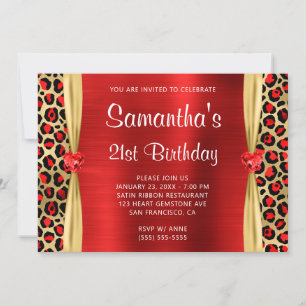 Invitación Corazón de gema de pantera dorada roja para cumple