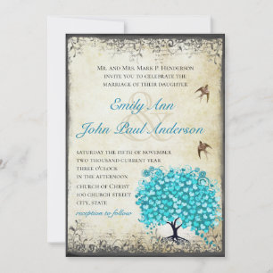 Invitación Corazón de hoja de árbol azul acuático Parchmento 
