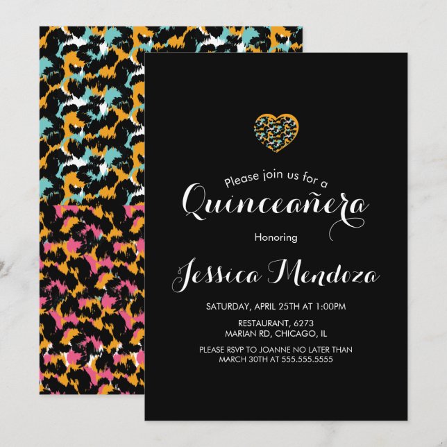 Invitación Corazón de impresión animal Quinceañera Sweet 16 I (Anverso / Reverso)
