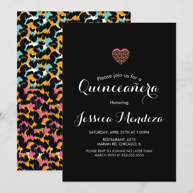 Invitación Corazón de impresión animal Quinceañera Sweet 16 I (Anverso / Reverso)