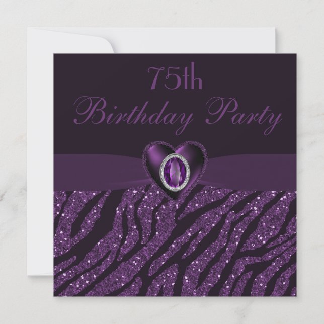 Invitación Corazón de joyas y Purpurina de cebra 75º cumpleañ (Anverso)