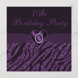 Invitación Corazón de joyas y Purpurina de cebra 75º cumpleañ