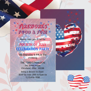 Invitación Corazón de la bandera estadounidense y fuegos arti