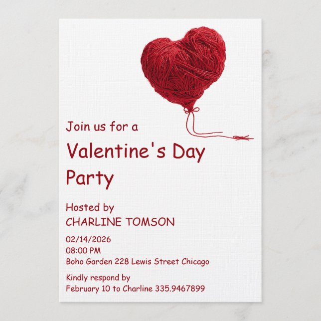 Invitación Corazón de Lana Acogedor para San Valentín (Anverso)
