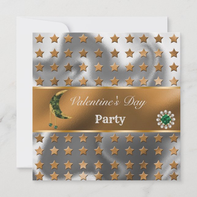 Invitación Corazón de Luna de Khaki Glitter Plateado Naranja (Anverso)