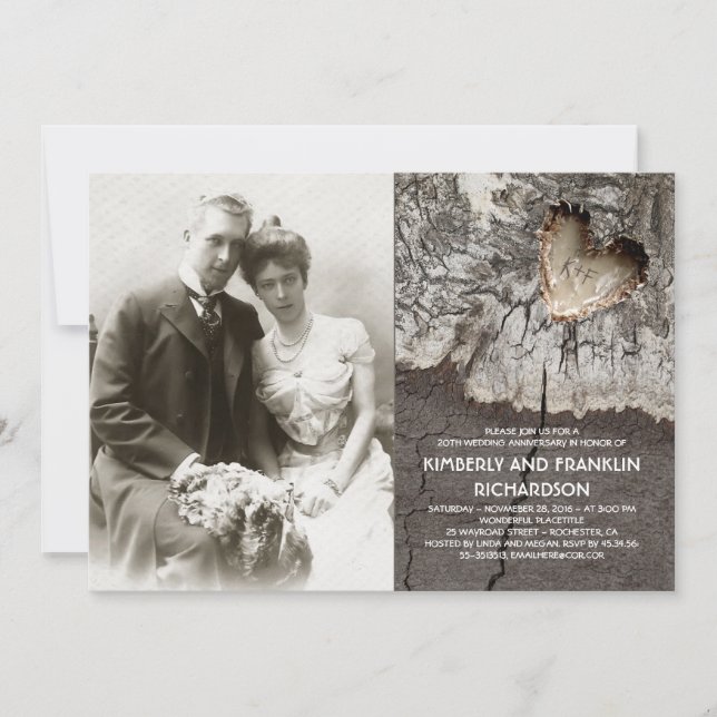 Invitación Corazón de Madera Rústica Foto Aniversario de Boda (Anverso)