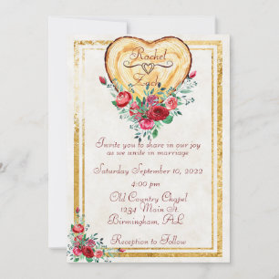 Invitación Corazón de madera y rosas Boda de amor campestre