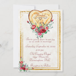 Invitación Corazón de madera y rosas País Boda de amor