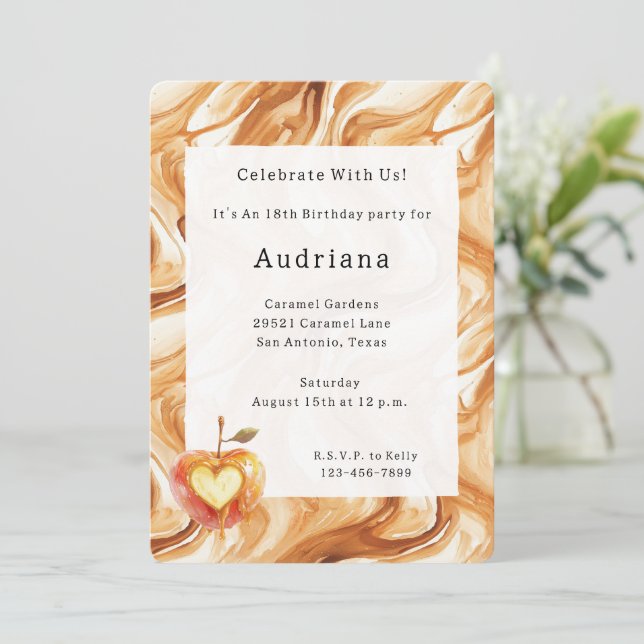 Invitación Corazón de manzana de crema de caramelo Cumpleaños (Anverso de pie)