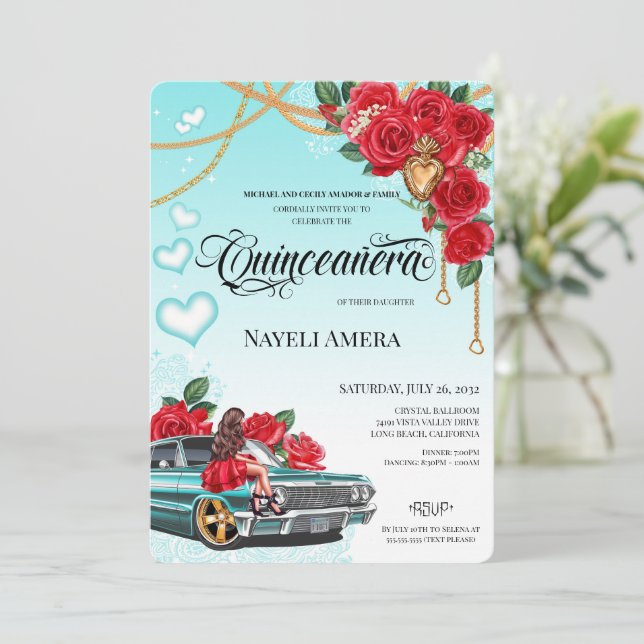 Invitación Corazón de Milagros Lowrider Chola Chicana Quince (Anverso de pie)