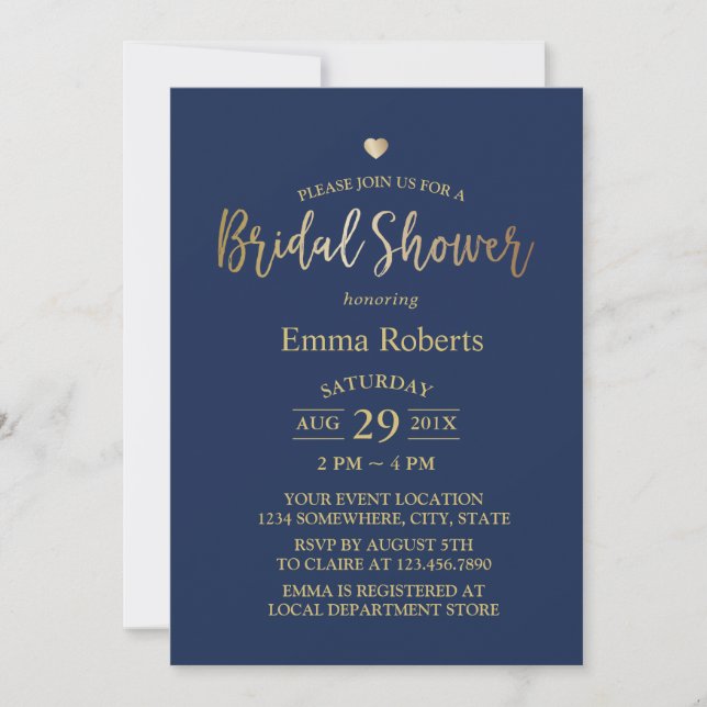 Invitación Corazón de oro elegante azul marino Ducha de novia (Anverso)