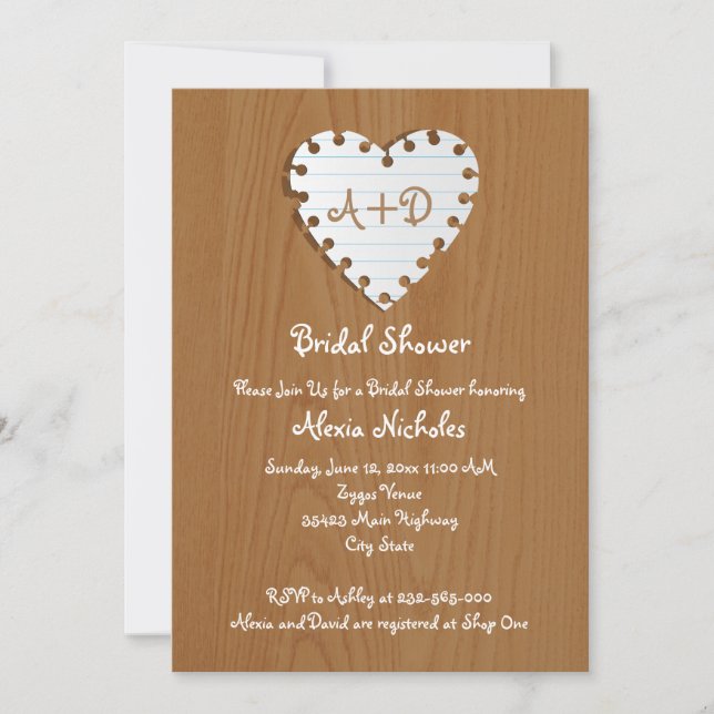 Invitación Corazón de papel en ducha de novia boda de madera (Anverso)