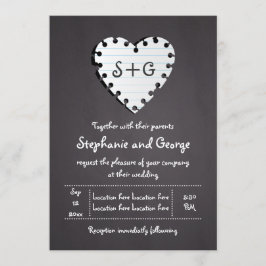 Invitación Corazón de papel en pizarra con boda monograma