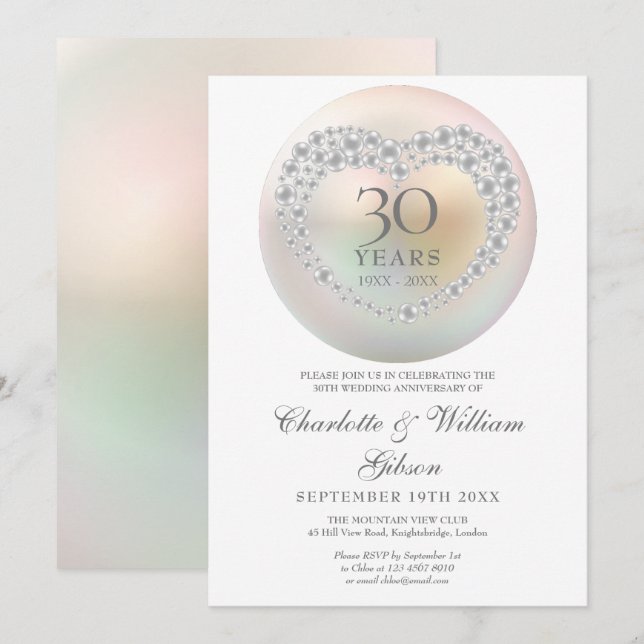 Invitación Corazón de Perla Chic Aniversario de Bodas 30 (Anverso / Reverso)