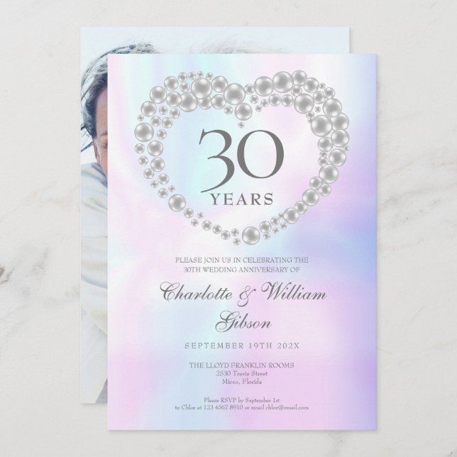 Invitación Corazón de Perla Chic Foto 30 Aniversario (Anverso / Reverso)