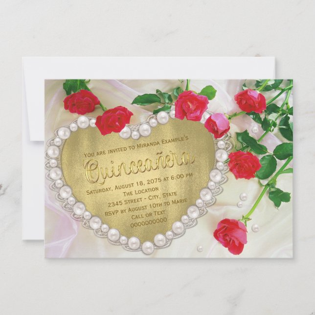 Invitación Corazón de perla de rosa roja Quinceañera (Anverso)