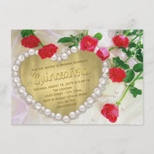Invitación Corazón de perla de rosa roja Quinceañera