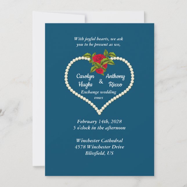 Invitación Corazón de Perla y Rosas Rojas Boda de San Valentí (Anverso)