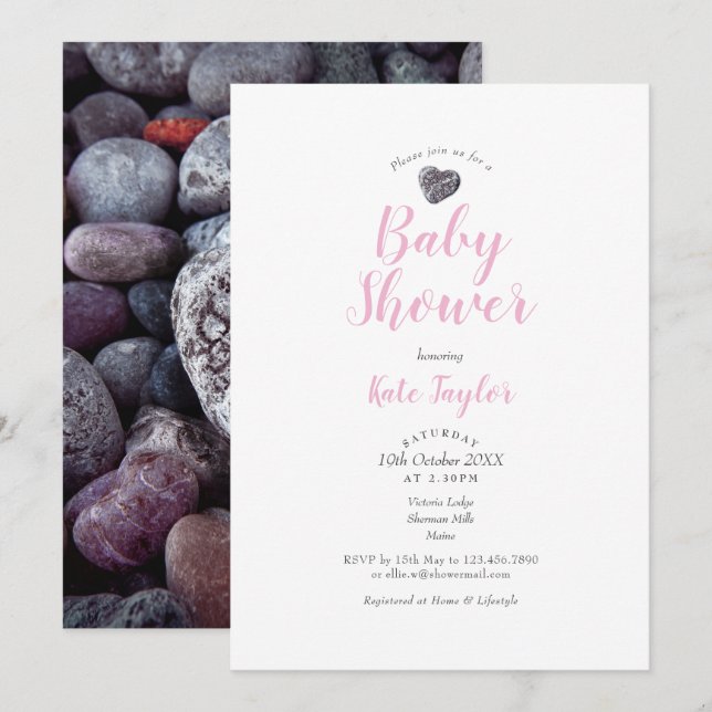 Invitación Corazón de Piedra Rosa Baby Shower / Sprinkle / Pa (Anverso / Reverso)